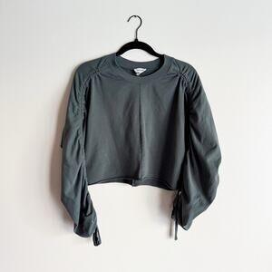 Open Edit Hunter Green Sleeve Ruche Tie Long Sleeve Cropped Sweatshirt - Small